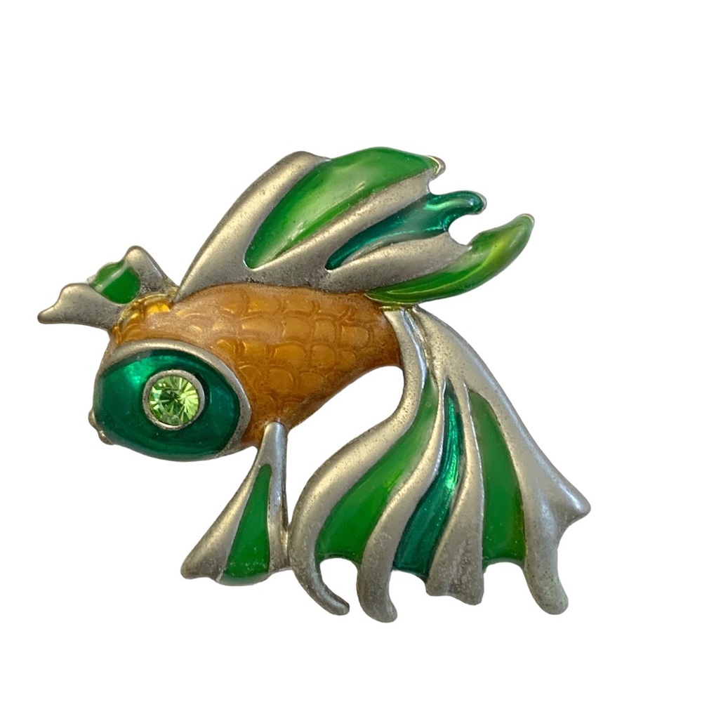 Enamel betta fighting fish brooch pin colorful green gold rhinestone  eye kitsch